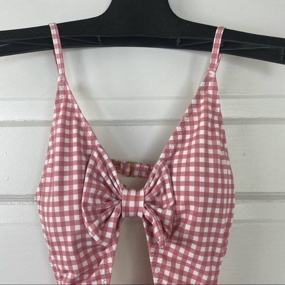 Beach Joy Bikini Brand One Piece Pink/White Check W/ Front Cut Out & Bow Size S - Picture 3 of 9